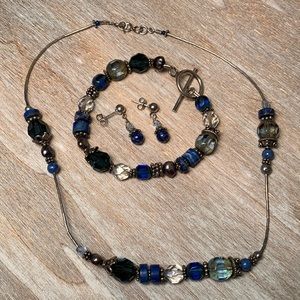Sterling silver, lapis lazuli, crystals, pearls necklace bracelet and earrings!